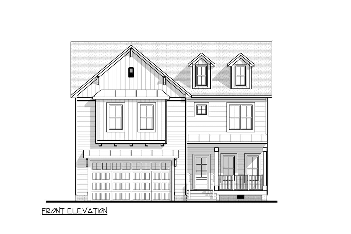 Front elevation drawing of a two-story house plan with a two-car garage, front porch, and dormer windows.