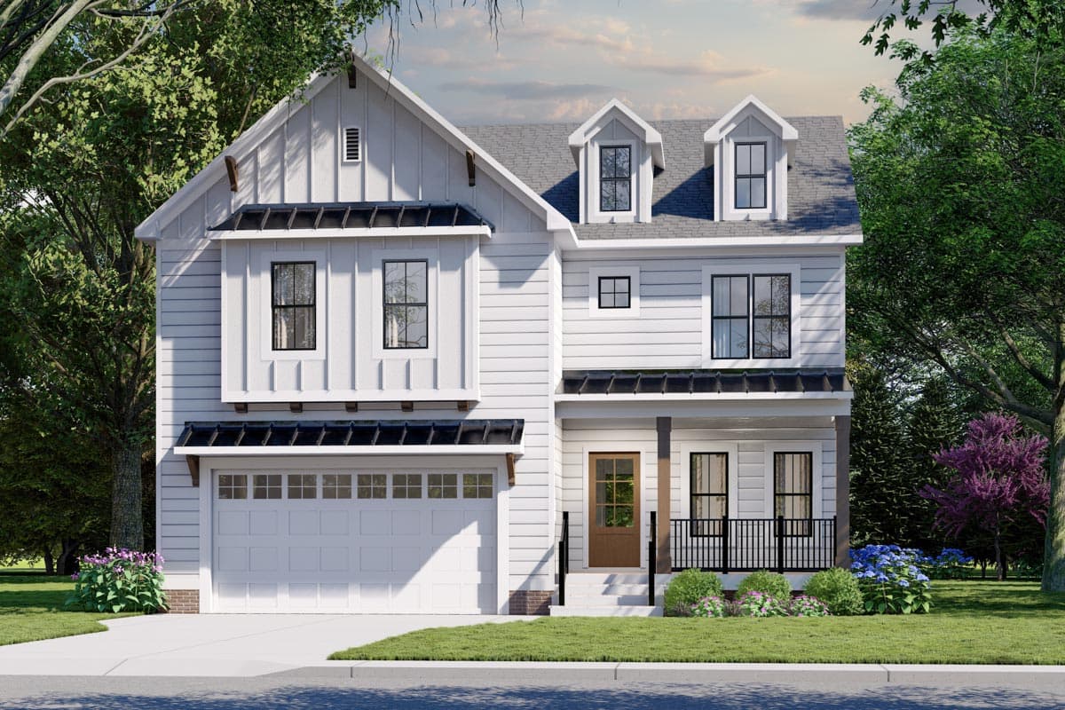 House plan exterior. Two-story Modern Farmhouse with gabled roof, dormers, and a front-facing garage. Features a covered porch with black railings.