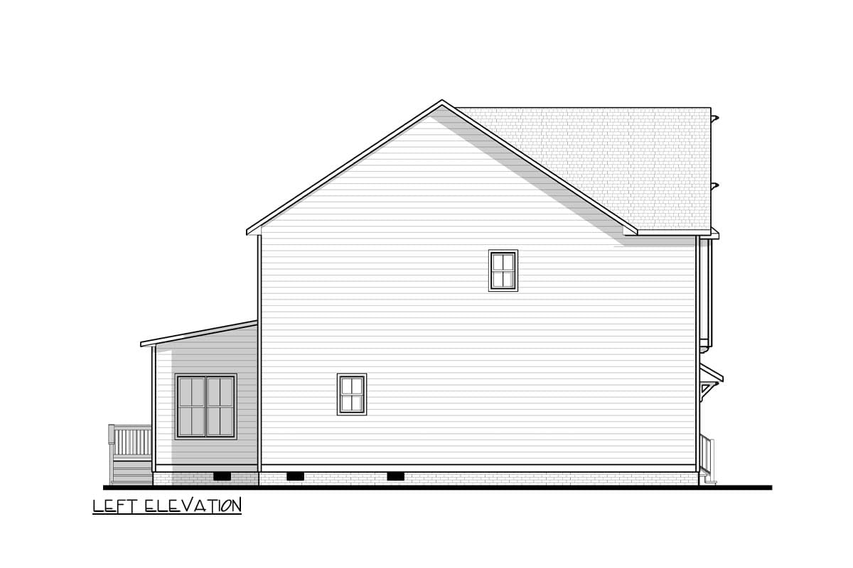 Left elevation drawing of a two-story house plan with a hip roof, gabled dormer, and attached porch.