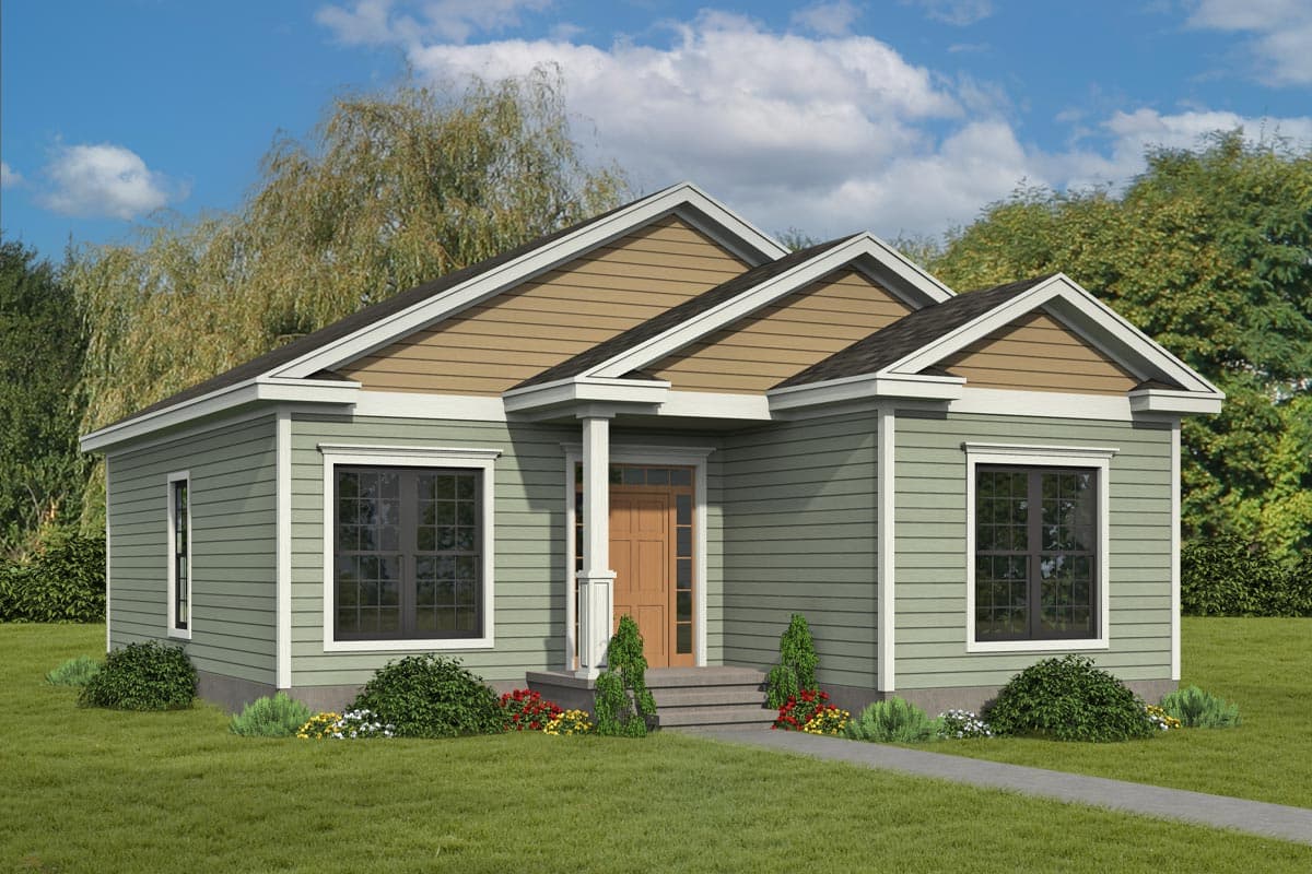 Plan 680290VR: 2 Bed Cottage House Plan with Covered Entry - 1012 Sq Ft