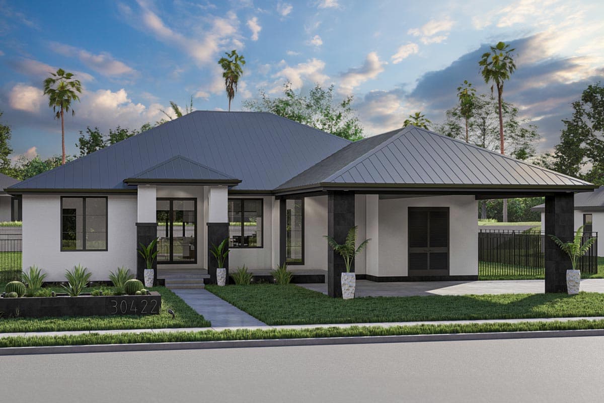 House plan exterior featuring a single-story home with a flat roof, portico, and contrasting black trim.