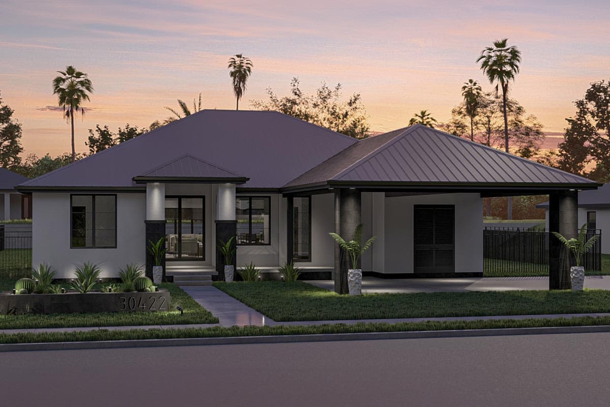 House plan exterior: Modern single-story with metal hip roof, covered carport, and stone column accents.