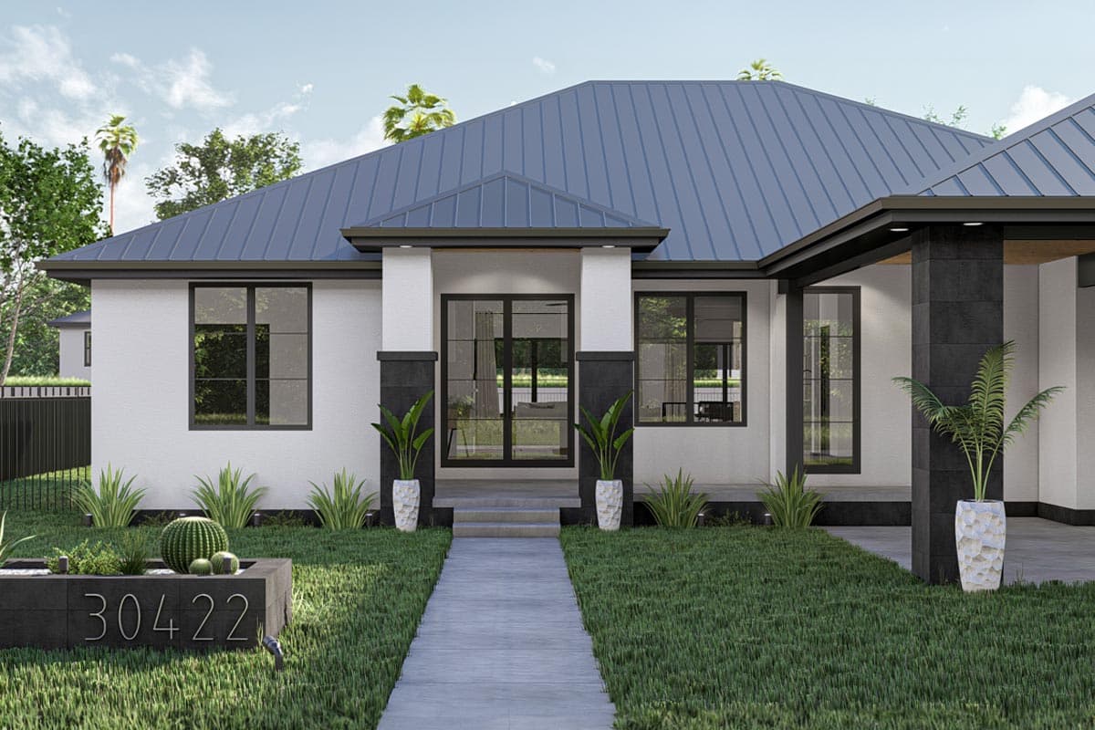 House plan exterior with modern design, hip roof, stucco walls, dark trim, and prominent entry with glass doors.