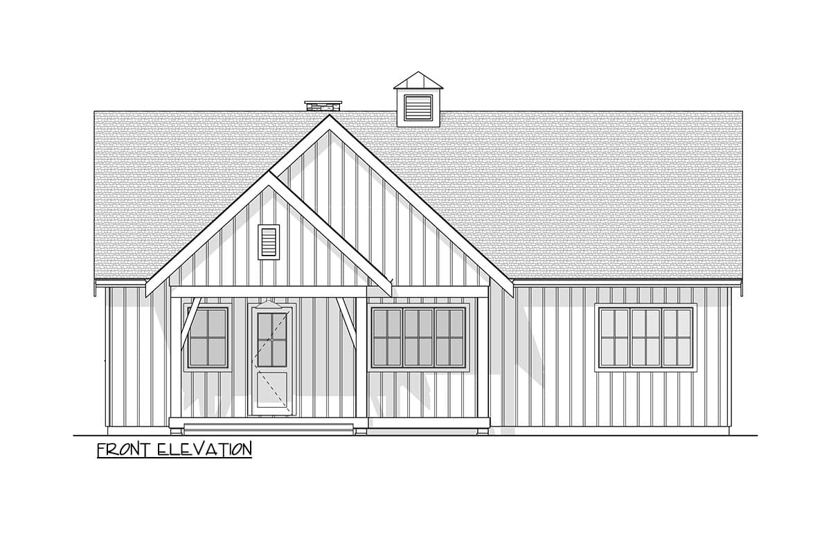 Front elevation architectural drawing of a house with a gabled roof, a porch, and multiple windows, the words 'FRONT ELEVATION' below.