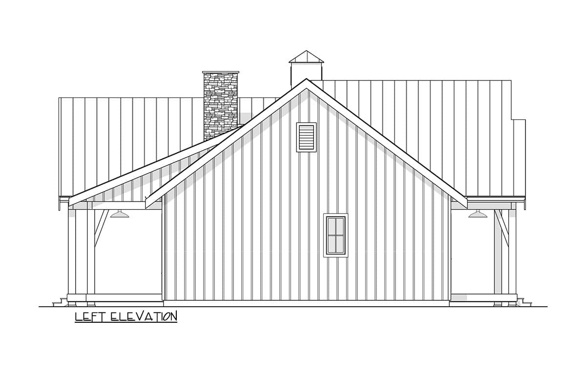 Line drawing of the left elevation of a barn-style house with vertical siding and a chimney. The roof has a gable and covered porch areas.