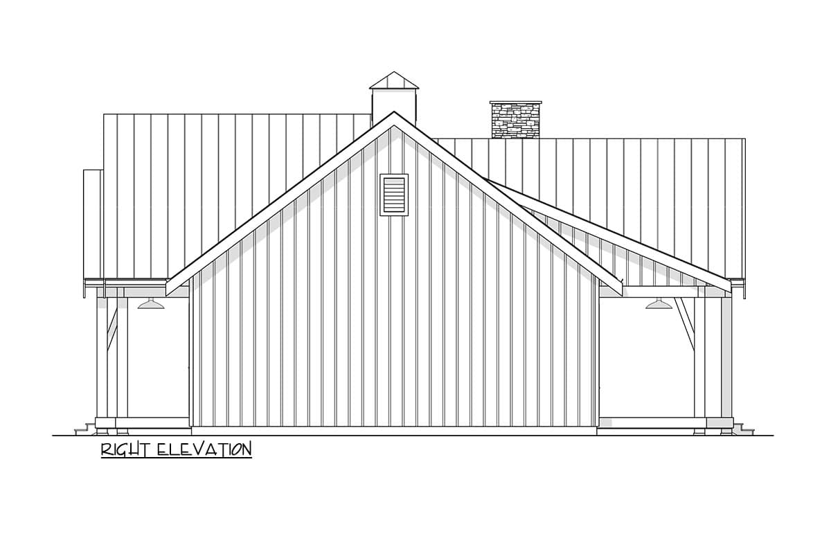 Line drawing of a right elevation of a barn-style building. The building features a gabled roof, vertical siding, and a chimney.