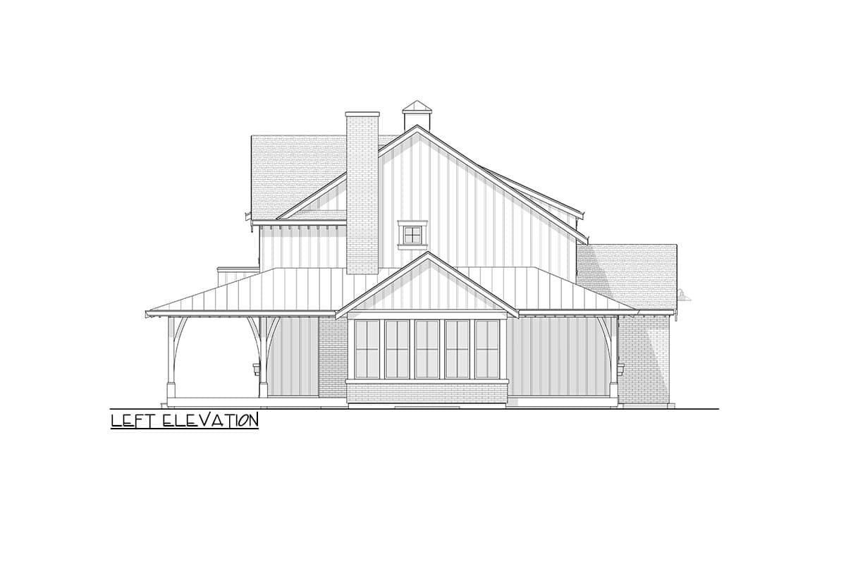 Left elevation house plan showing a Modern Farmhouse style, two stories, with a covered porch, gables, dormers, and a brick chimney.