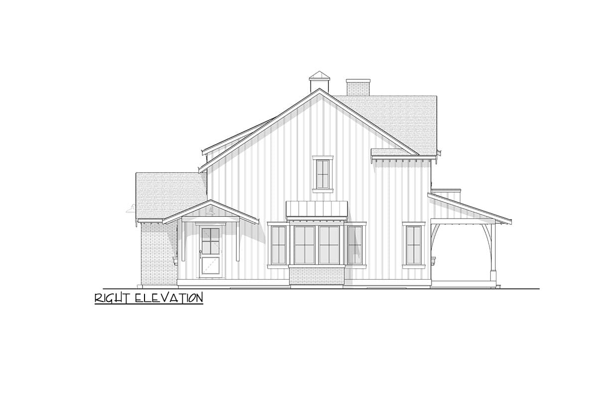 Right elevation house plan drawing of a two-story home with board and batten siding, porch, and gables.
