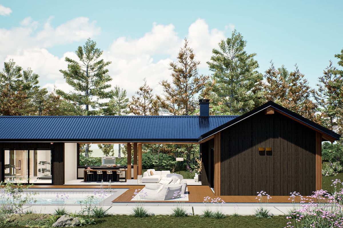 House plan exterior rendering of a single-story modern home with dark wood siding, a dark metal roof, and an outdoor kitchen.