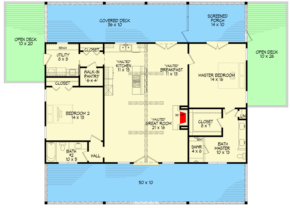 Plan 680292VR: Country Ranch Home Plan with Vaulted and Beamed Interior - 1500 Sq Ft - Floor Plan - Main Level - Country, Ranch, Southern, Traditional