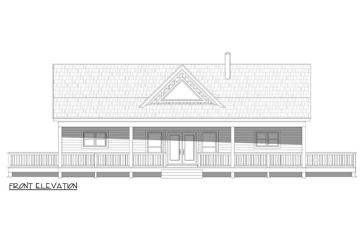 Front elevation drawing of a house with a full-width porch, double front doors, and a prominent gable with decorative trim.
