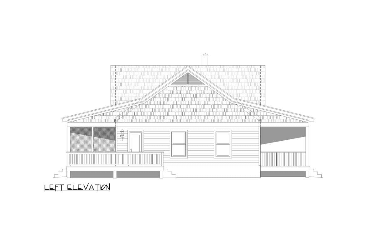 Left elevation house plan shows a one-story house with a gable roof, a screened-in porch, and a full-width porch.