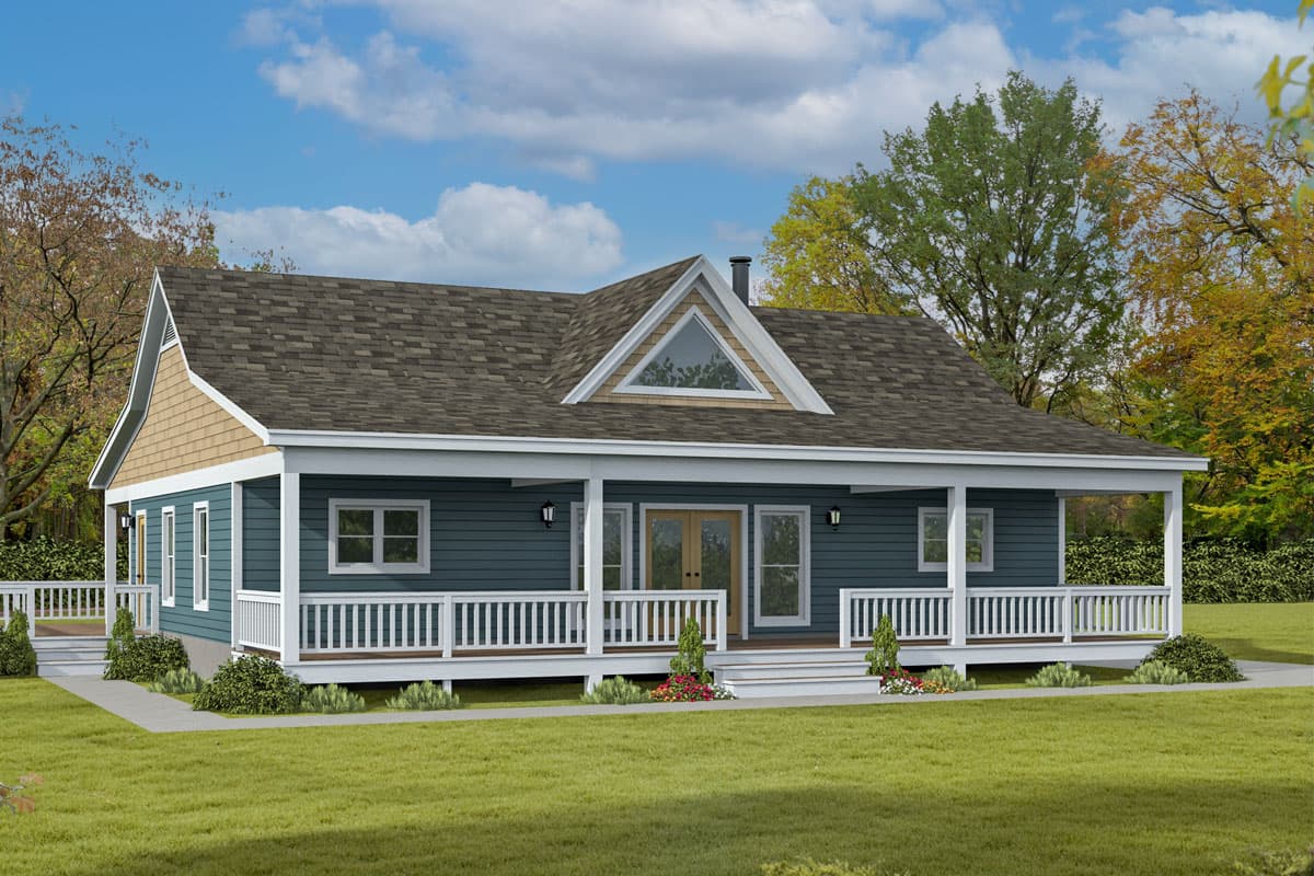 House plan exterior. Ranch style with front porch, gable roof, and dormer with triangular window. One story home with light siding.