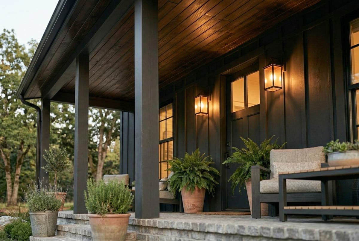 House plan exterior with dark vertical siding, a covered porch supported by square columns, and carriage lantern lighting.