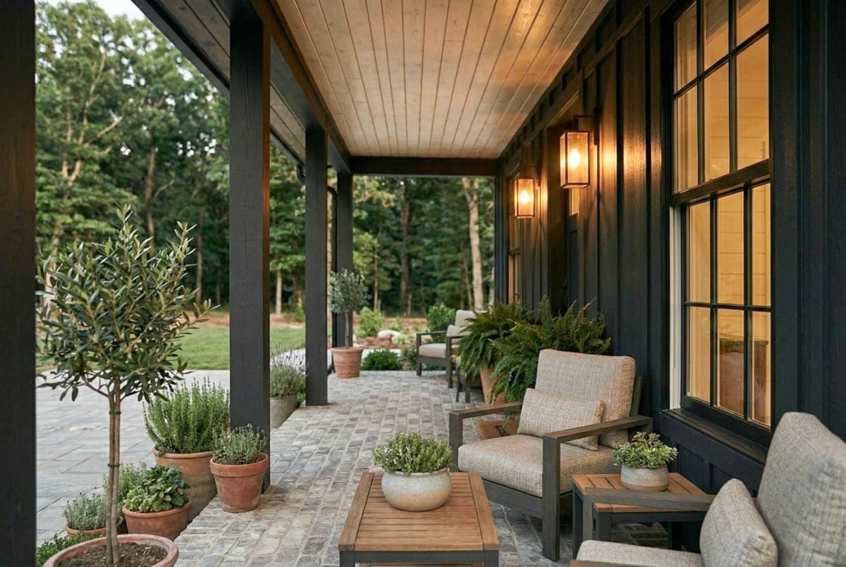 Modern farmhouse house plan exterior featuring a covered porch with seating, pendant lights, and paneled siding.