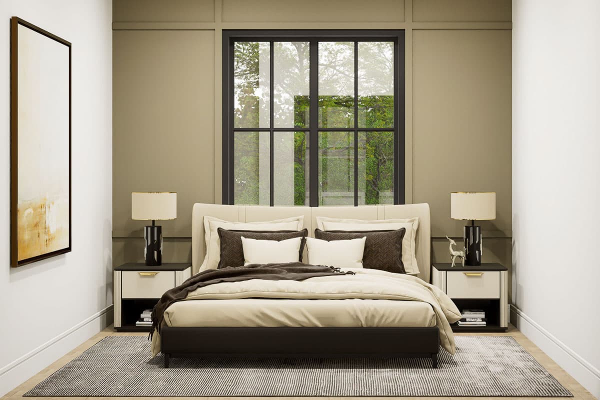Bedroom rendering with a large window, upholstered bed, nightstands, lamps, and abstract art.