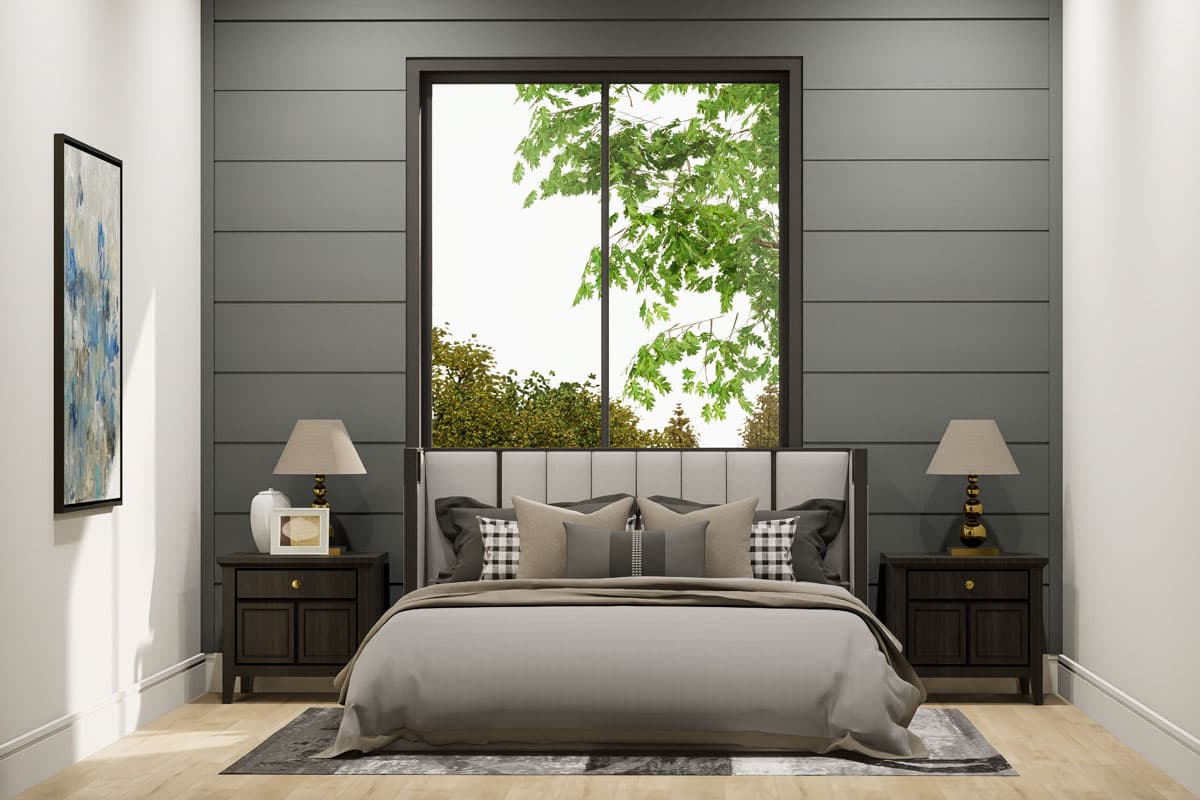 Bedroom rendering with large window, horizontal paneled wall, and upholstered headboard.
