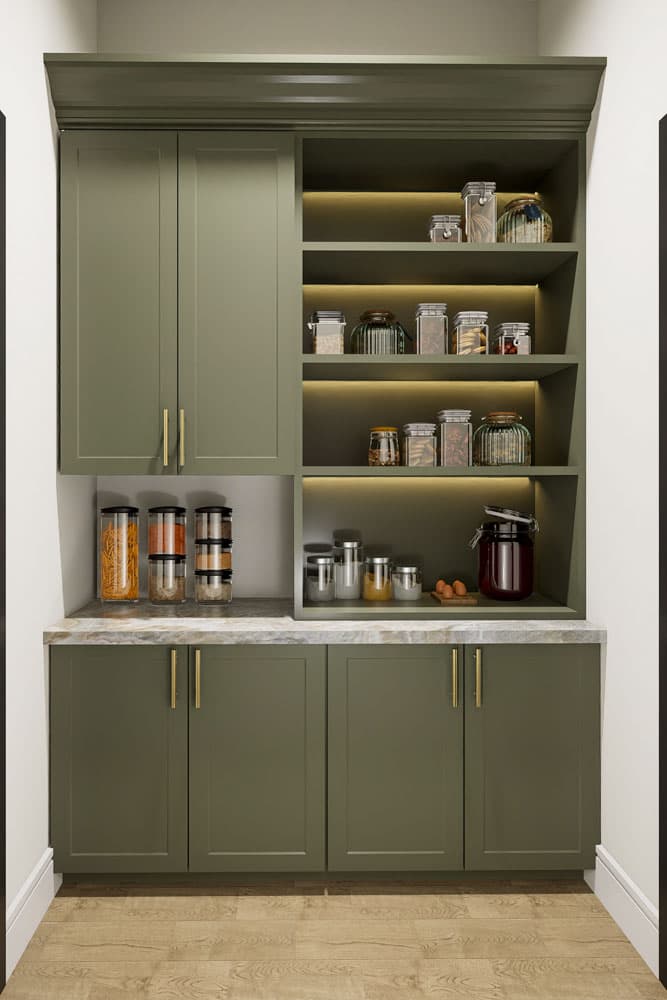 Pantry with olive green cabinetry, open shelving with lighting, marble countertop, and glass jars.