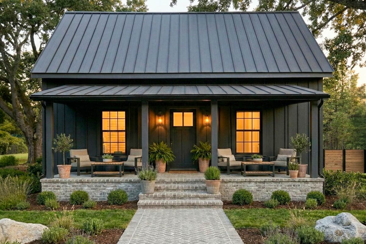 Modern Farmhouse house plan exterior with dark siding, metal roof, brick foundation, and covered porch with seating.