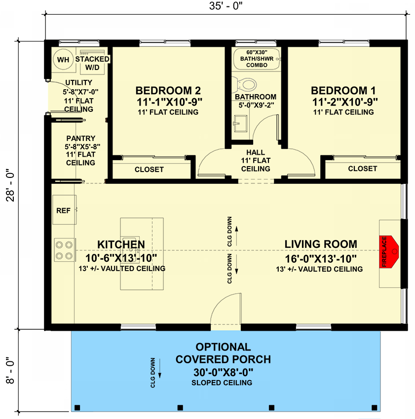 Plan 420132WNT: 2-Bed Farmhouse-Style ADU with Vaulted Living Area - 980 Sq Ft - Floor Plan - Main Level - Cabin, Cottage, Country, Modern Farmhouse, New American