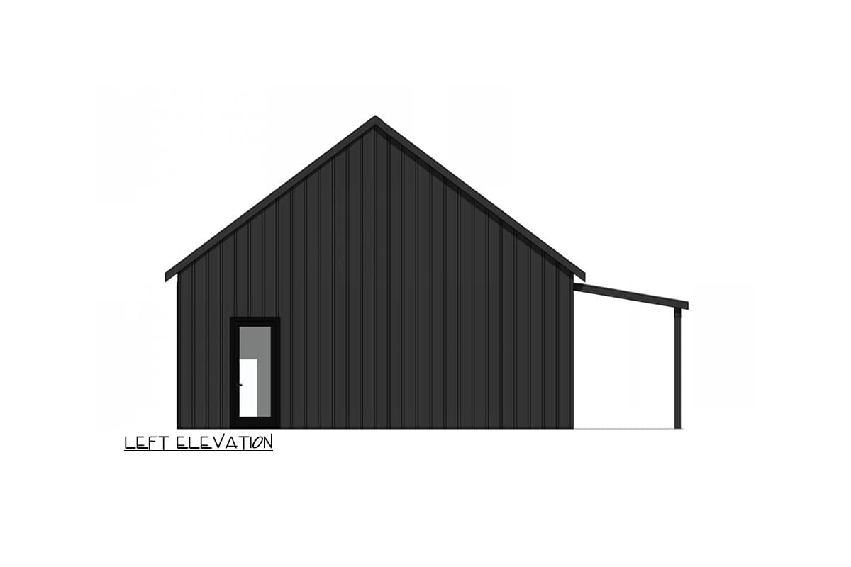 Left elevation drawing of a house plan with vertical siding, a gable roof, one window, and an attached shed roof.
