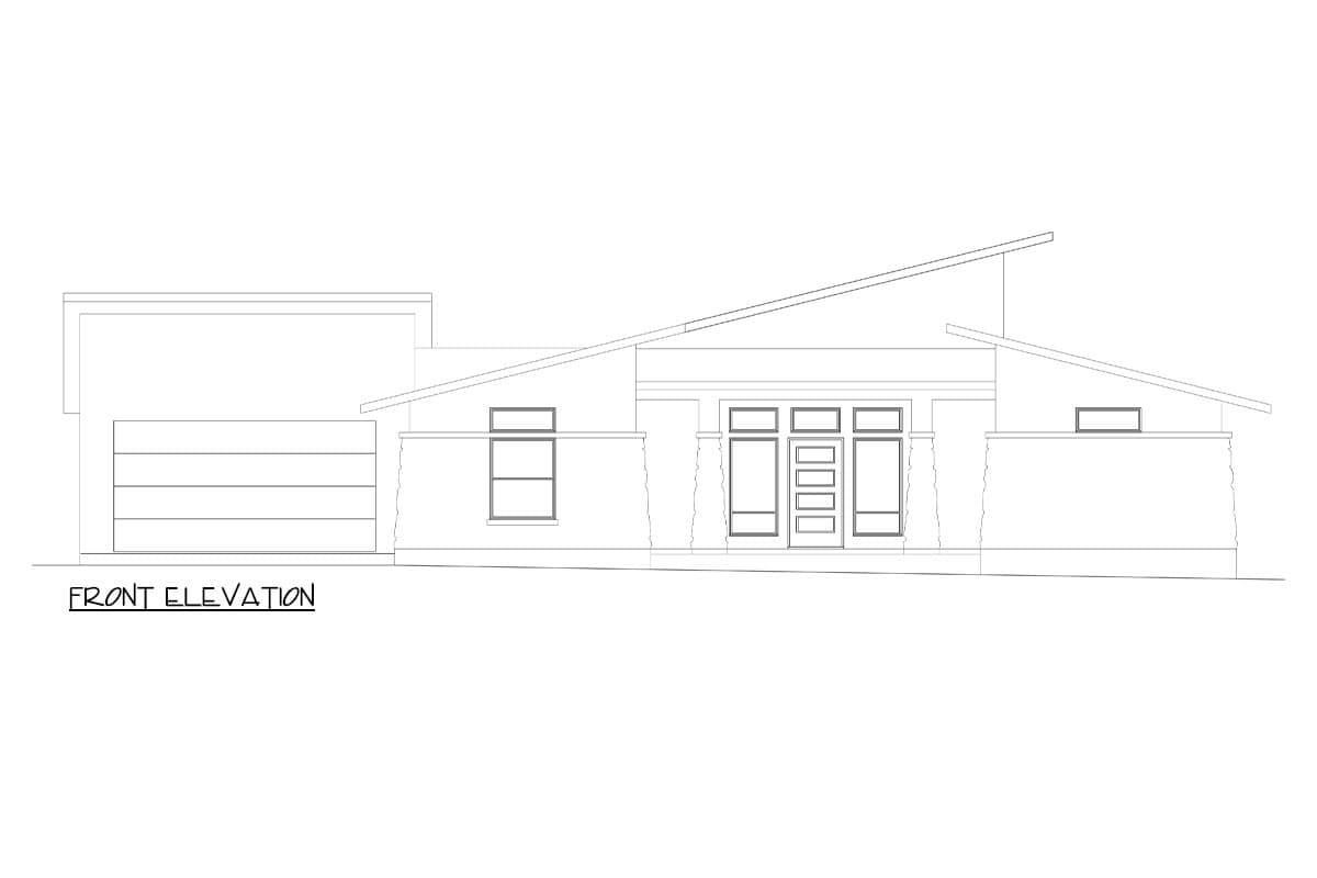 Front elevation drawing of a single-story house with a multi-paneled garage door, a central entry with four windows, and a sloped roofline.