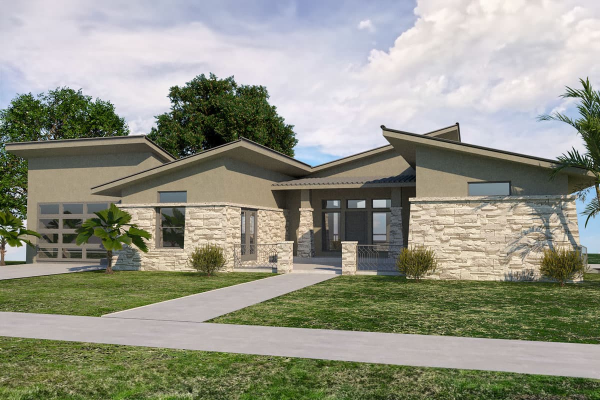 Modern house plan exterior with stone accents, prominent gables, covered entry, and glass garage door.