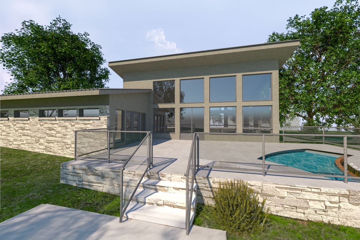 Modern house plan exterior with stacked stone base, large glass windows, flat roof, and patio with pool.