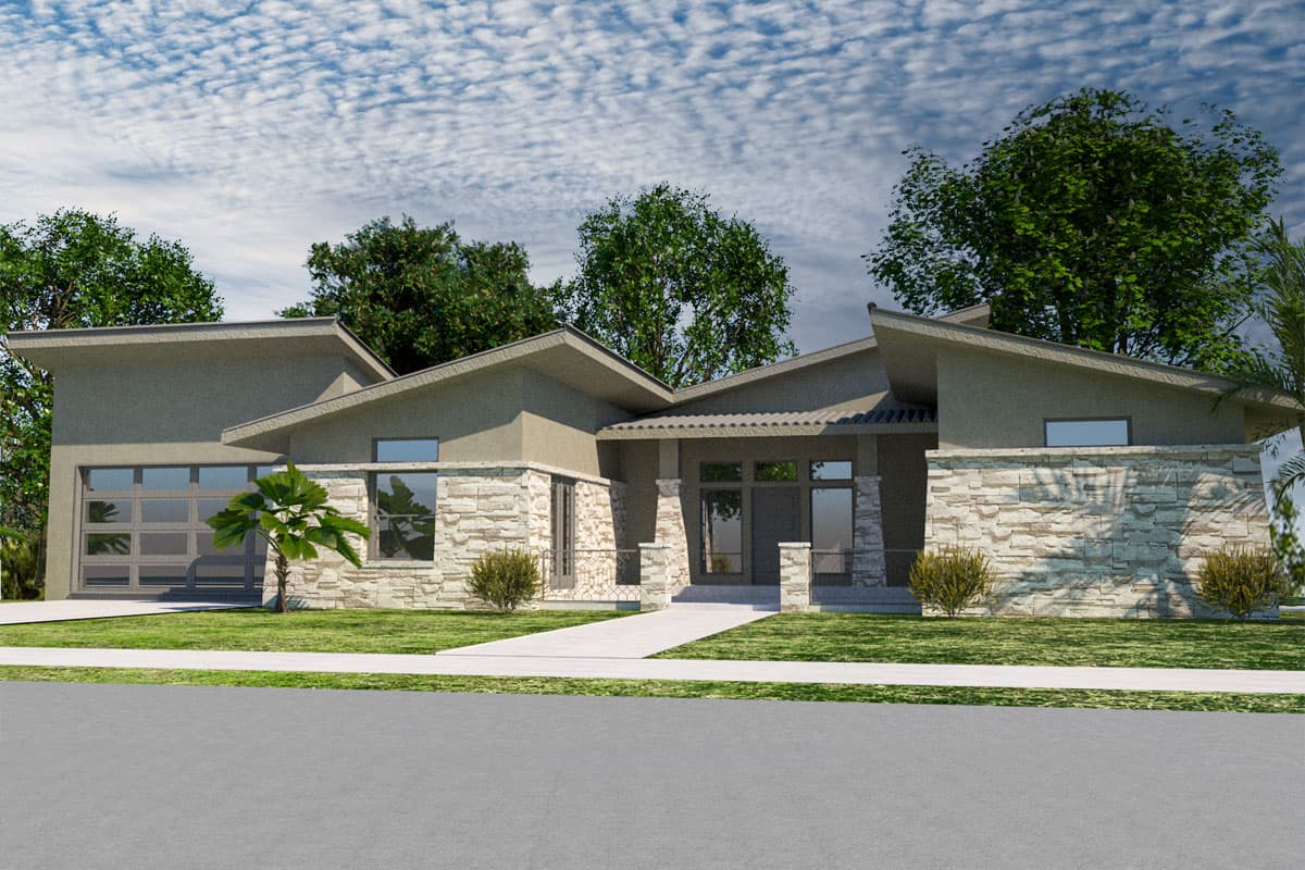 House plan exterior. One-story Modern home with a flat roof, stone facade, and a glass-paneled garage. The entry has a covered porch.