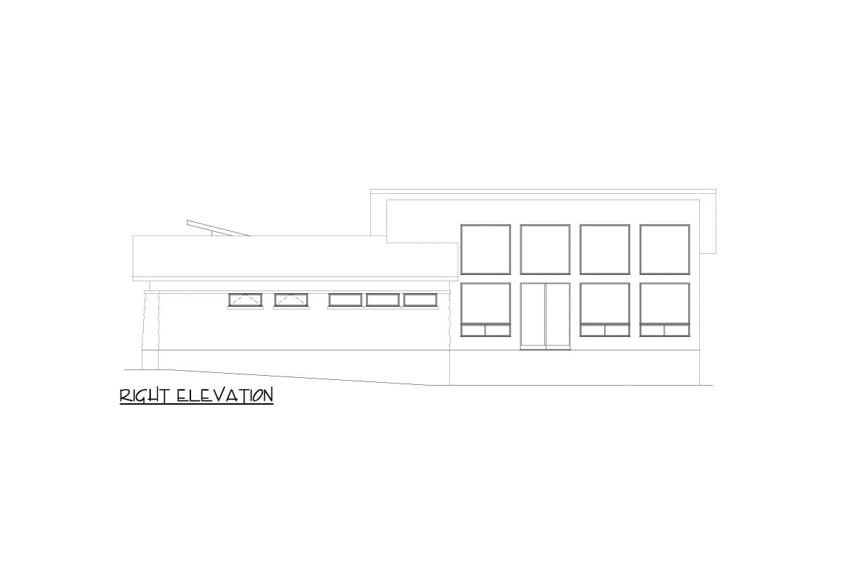 Right elevation house plan with a flat roof, multiple horizontal windows, and a central glass door with surrounding square windows.
