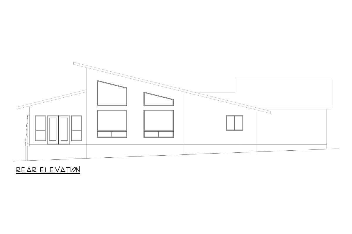 Rear elevation of a house plan with a sloped roofline, multiple windows, and double doors.