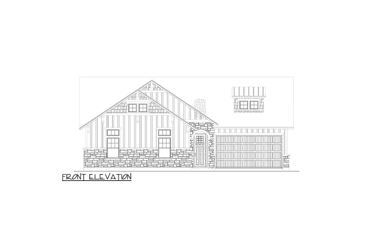 Front elevation drawing of a house plan featuring stone base, vertical siding, gabled dormers, and a two-car garage.