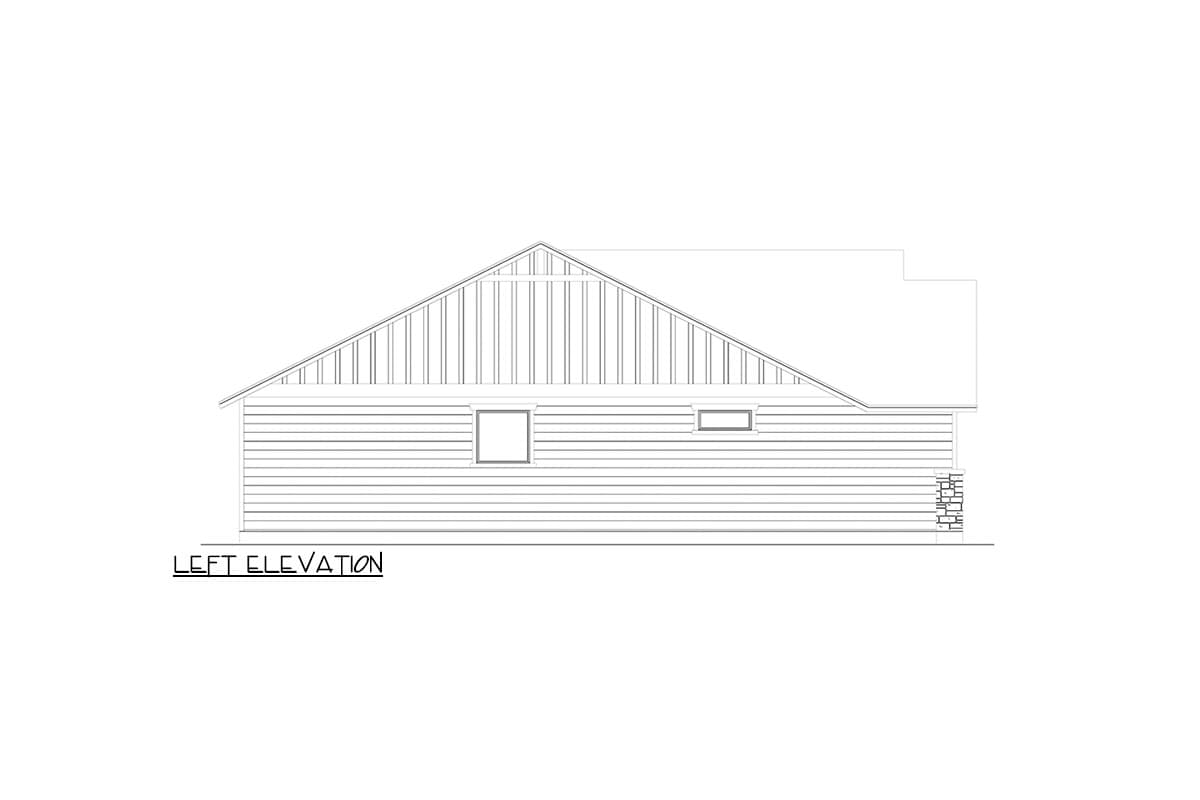 Left elevation of a house plan showing horizontal siding, vertical gable siding, two windows, and stone foundation.