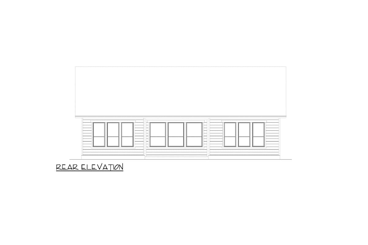 Rear elevation drawing of a house with three sections of windows and horizontal siding.