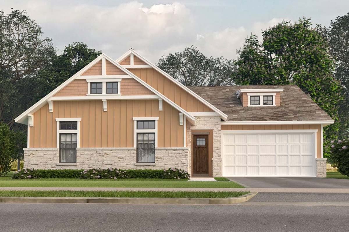 House plan exterior. Craftsman style, single-story home with a gabled roofline, dormers, and a garage with a front-facing orientation.