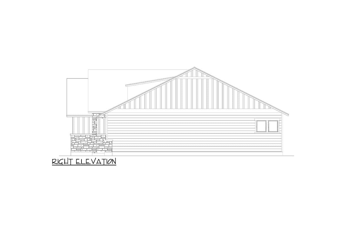 Right elevation house plan with stone-clad porch, horizontal siding, and gable end.