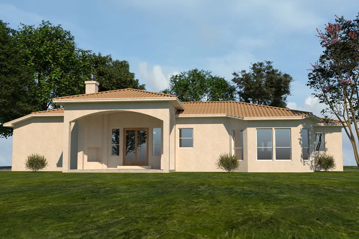 House plan exterior: Single-story stucco home with tile roof, arched covered entry, large windows, and a prominent chimney.