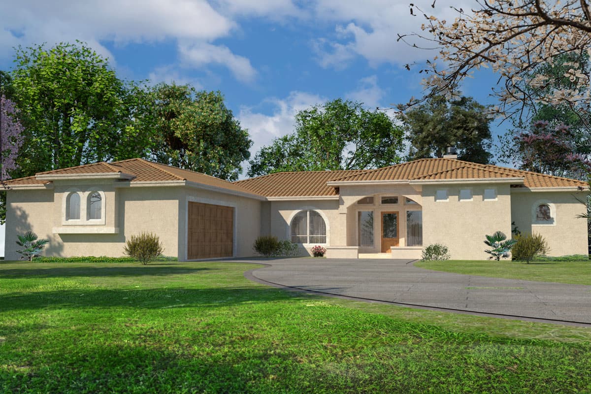 House plan exterior with stucco facade and barrel tile roof. Features include an arched front entry, a garage, and an arched window.