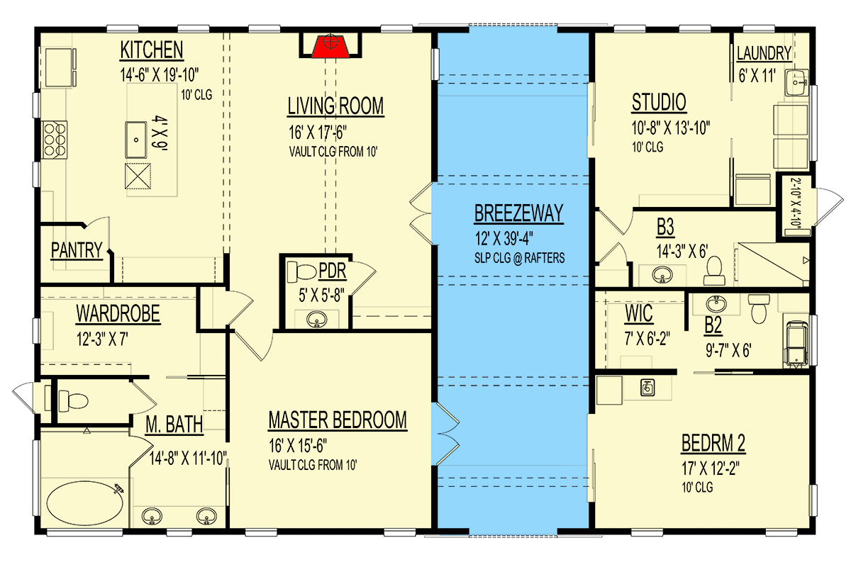 Plan 264080KMD: 2-Bed  Barn-Style Country Cottage House Plan with Dog Trot - 2017 Sq Ft - Floor Plan - Main Level - Barndominium, Cottage, Country, Rustic, Traditional