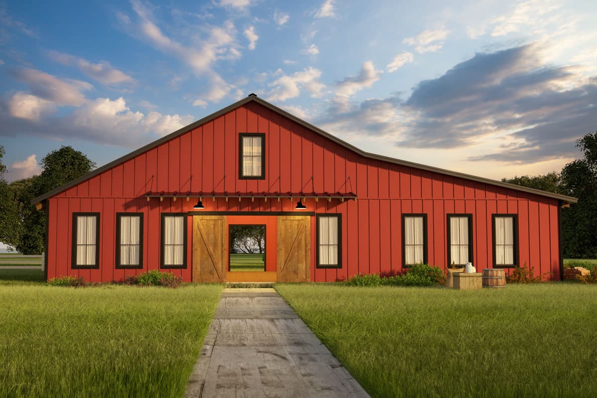 House plan exterior, two-story barn style with a gabled roof, sliding barn doors, and multiple rectangular windows with black trim.