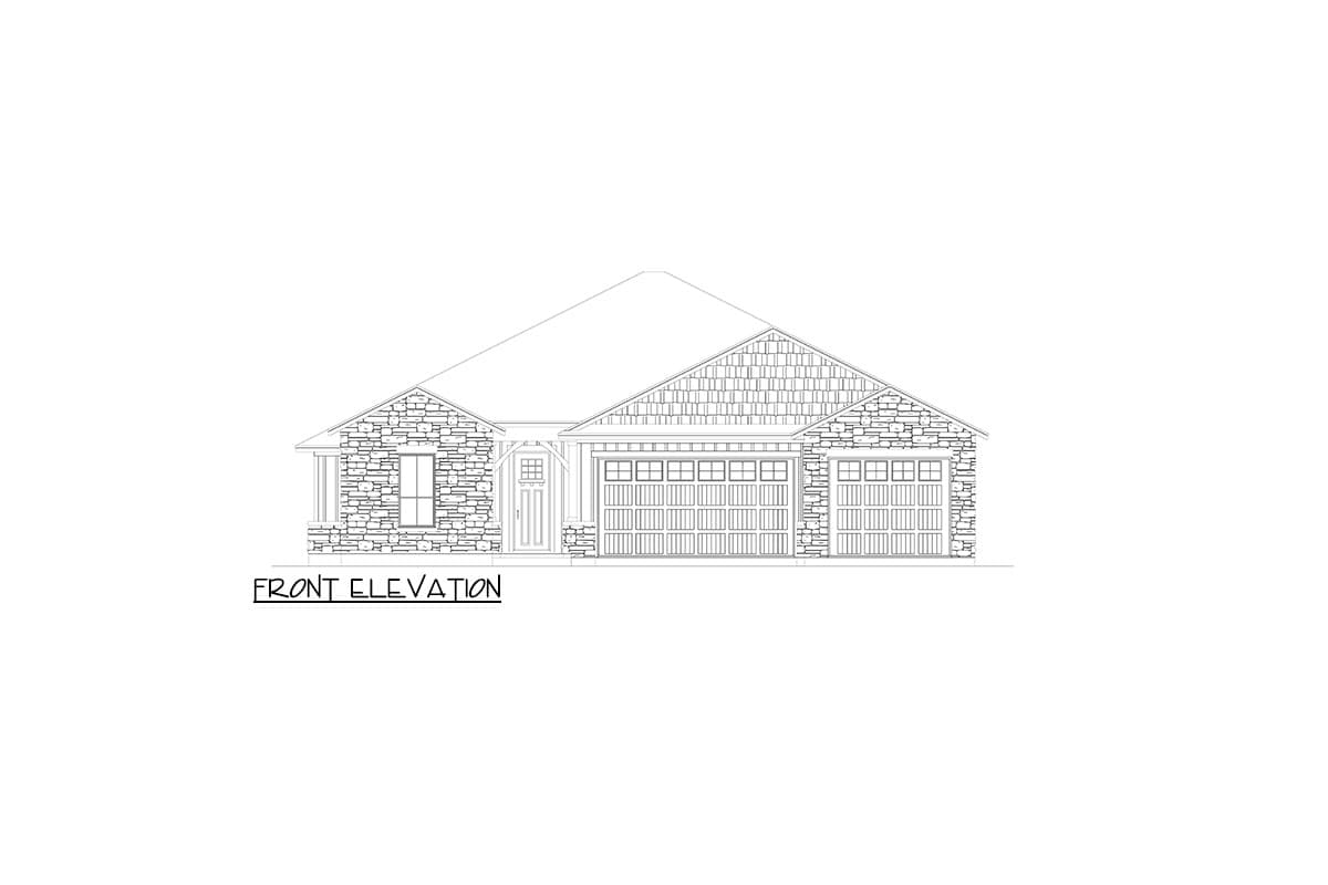 Front elevation drawing of a single-story house with stone accents, a covered entry, and a two-car garage.