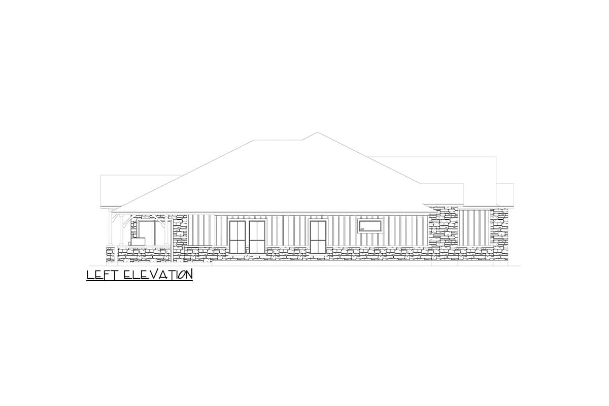 Left elevation house plan showing stone wainscoting, vertical siding, double doors, and a single window.