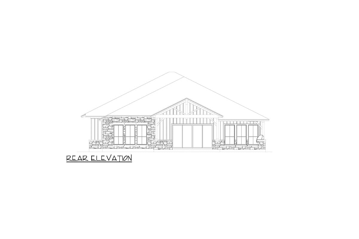 Rear elevation drawing of a single-story house plan with stone accents, large sliding glass doors, and gable detail.