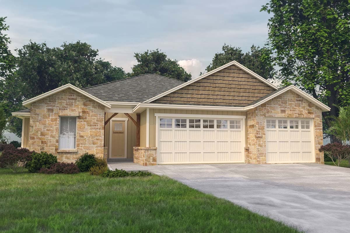 House plan exterior. Ranch style with stone accents. Features include a two-car garage, multiple gables, and a front porch with a wood beam.
