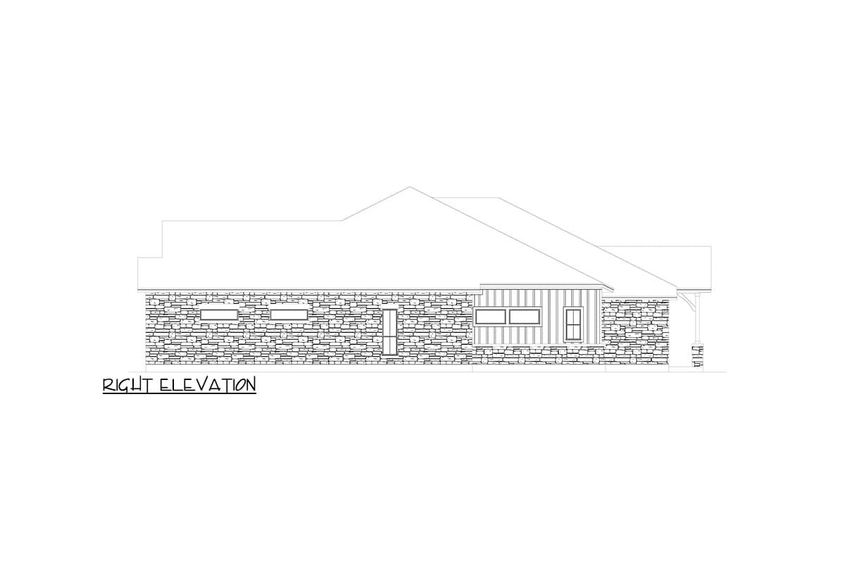 Right elevation drawing of a single-story house plan with stone exterior, varying rooflines, and a covered porch.