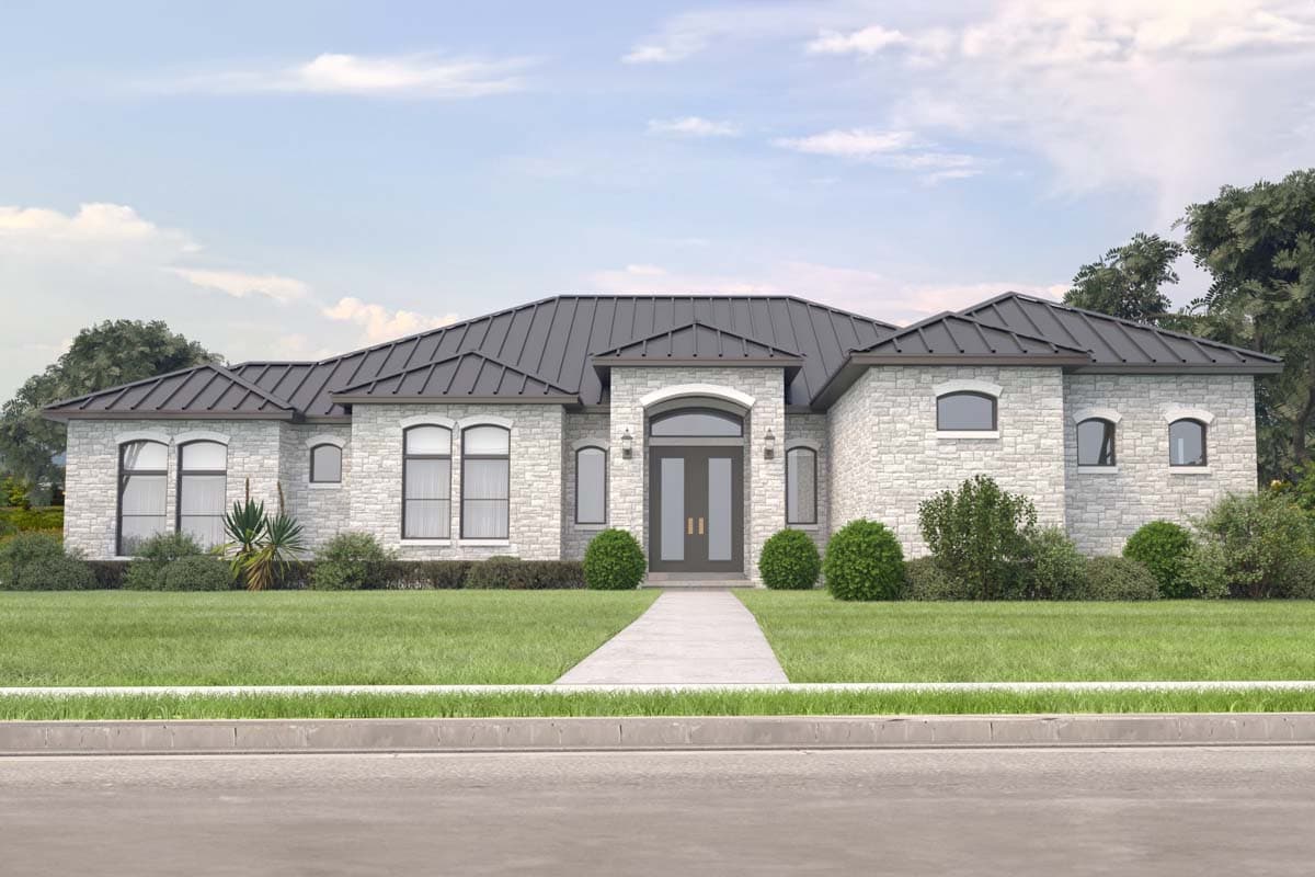 House plan exterior with stone veneer, metal roof, arched windows, and a central entry with a double door.