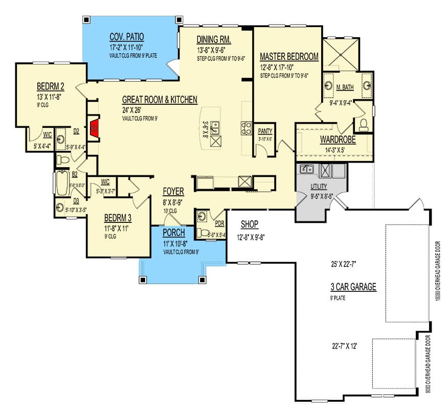 Plan 264085KMD: Hill Country House Plan with Split Bed Layout and a Vaulted Open Floor Plan - 2135 Sq Ft - Floor Plan - Main Level - Country, Hill Country