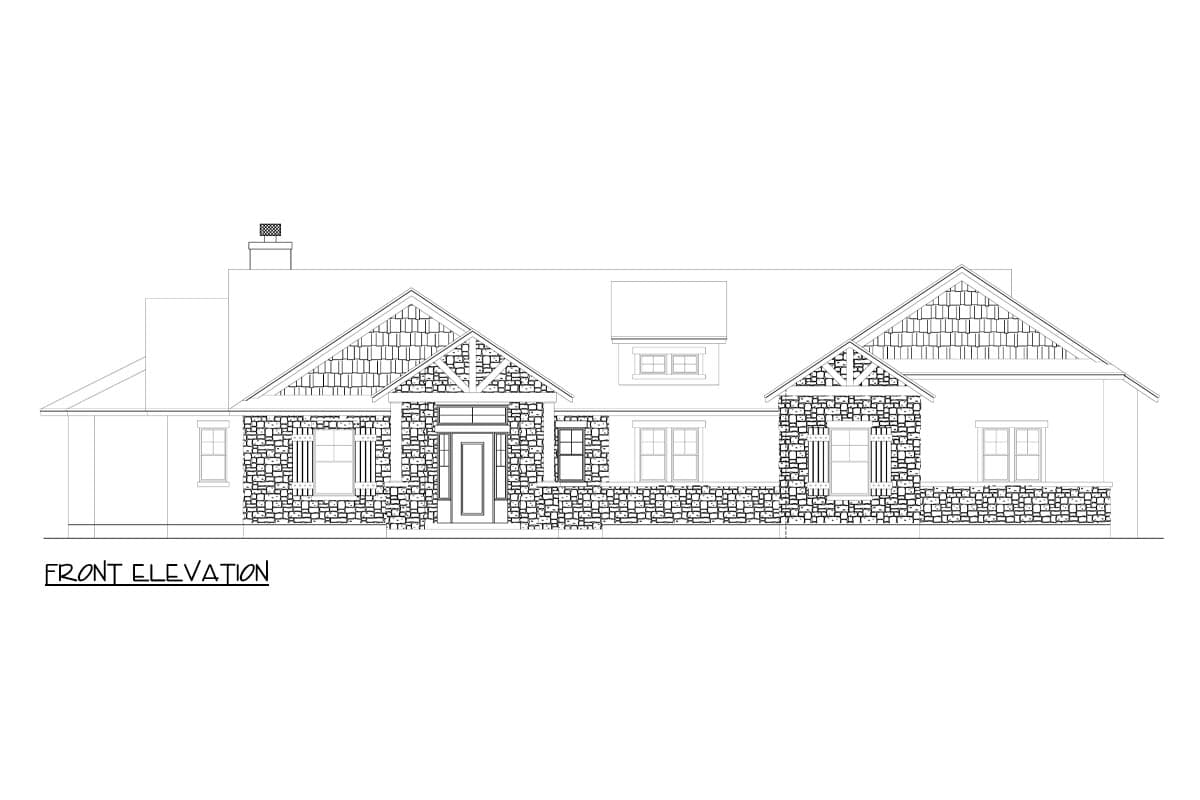 Front elevation drawing of a single-story house plan with stone facade, prominent gables, and a central entrance.