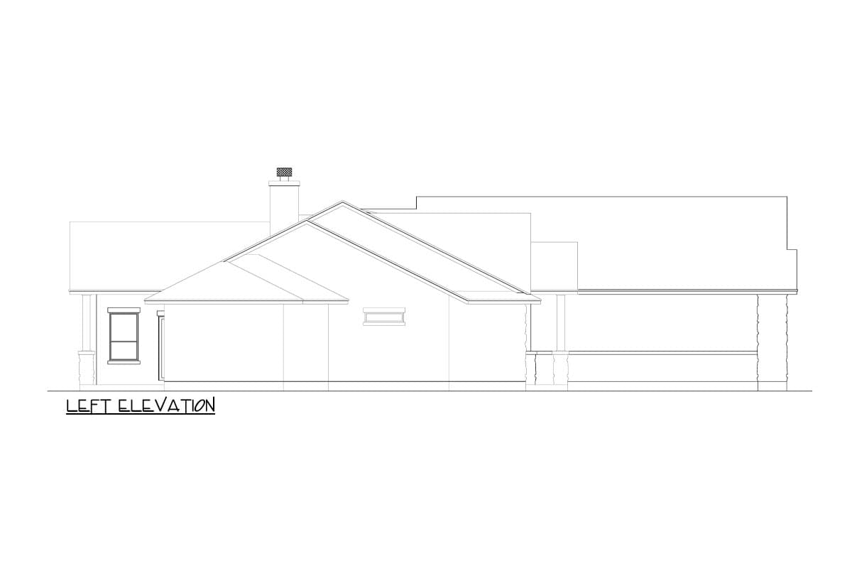 Left elevation drawing of a house plan showing a pitched roofline, chimney, and windows.