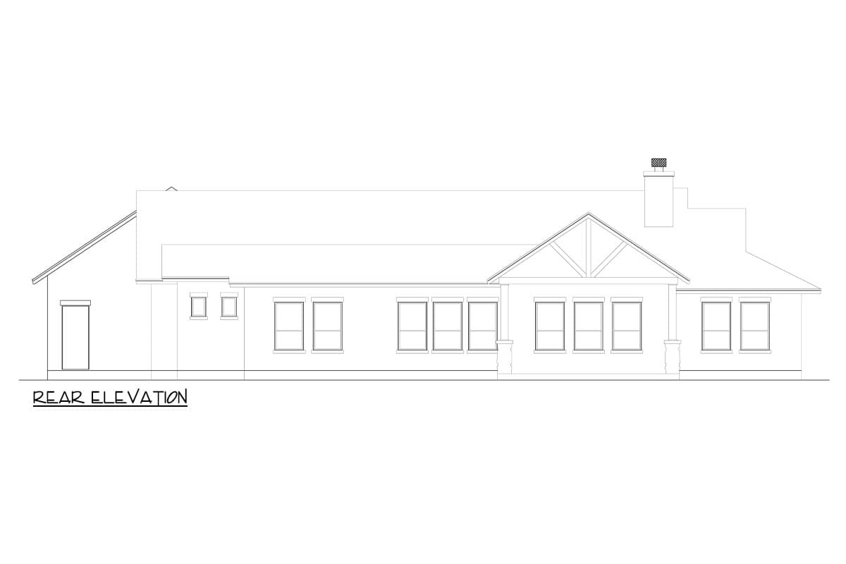 Rear elevation drawing of a house with multiple windows, a gabled projection with exposed beams, and a chimney.